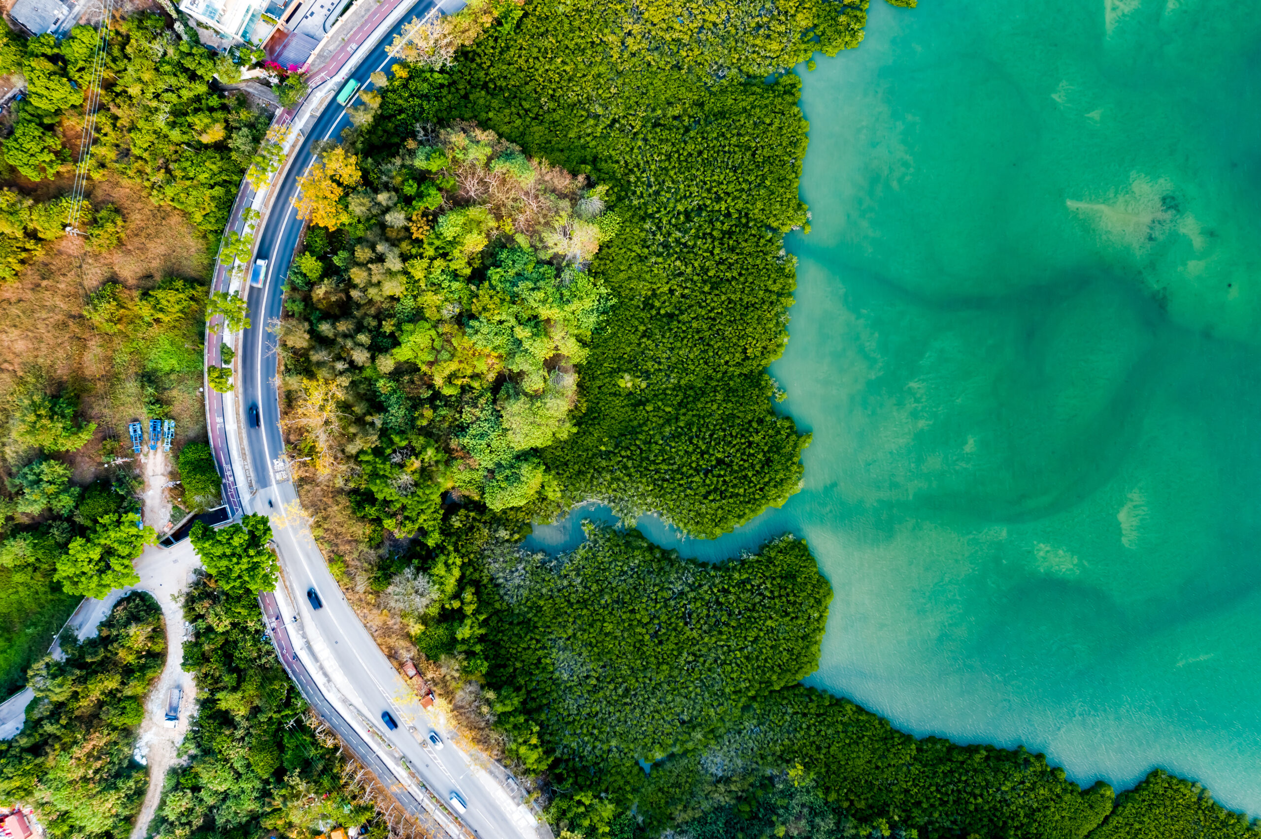 View from the sky of a road surrounded by water and trees.